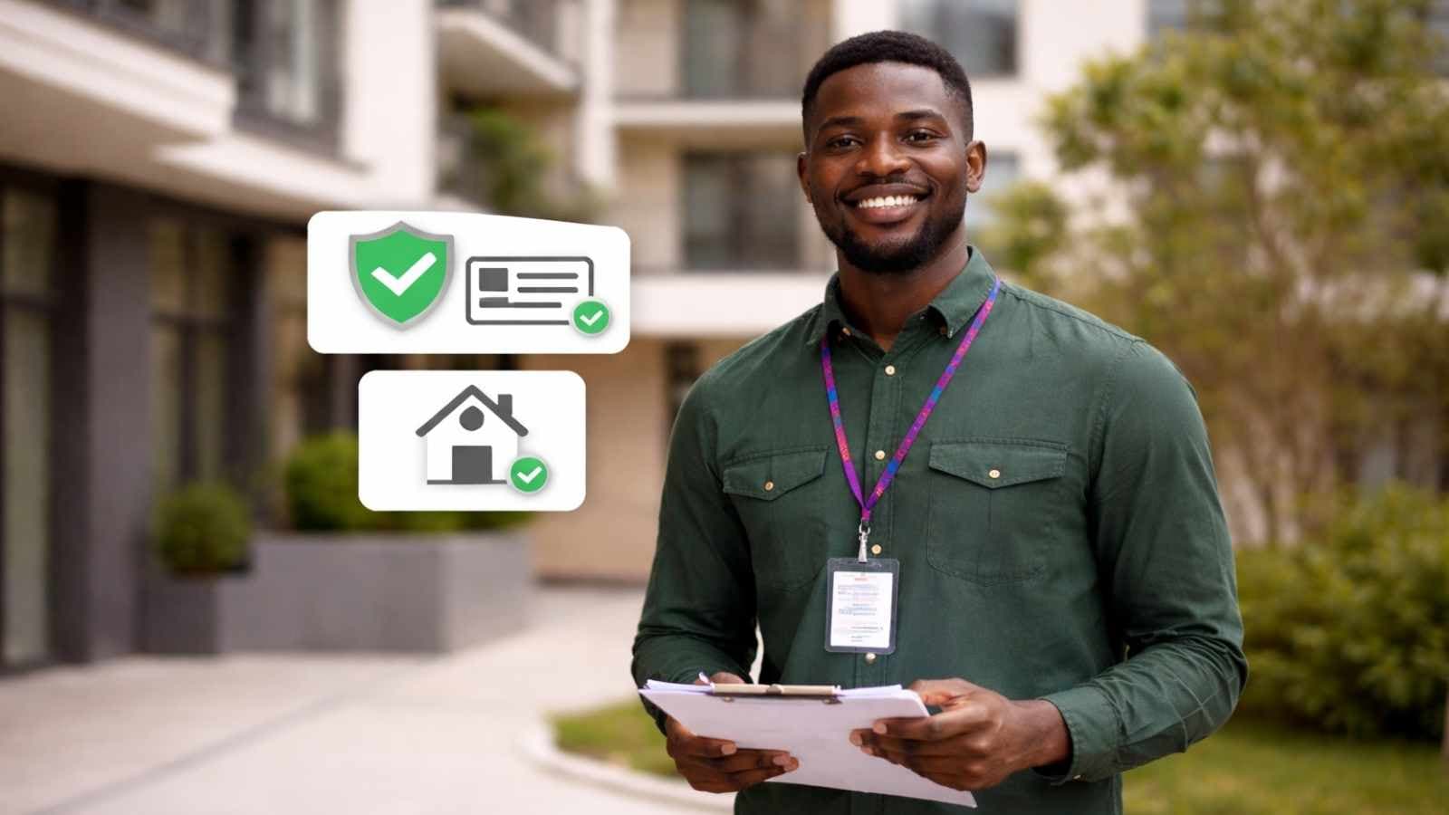 Verified housing agent holding paperwork in front of an apartment building.